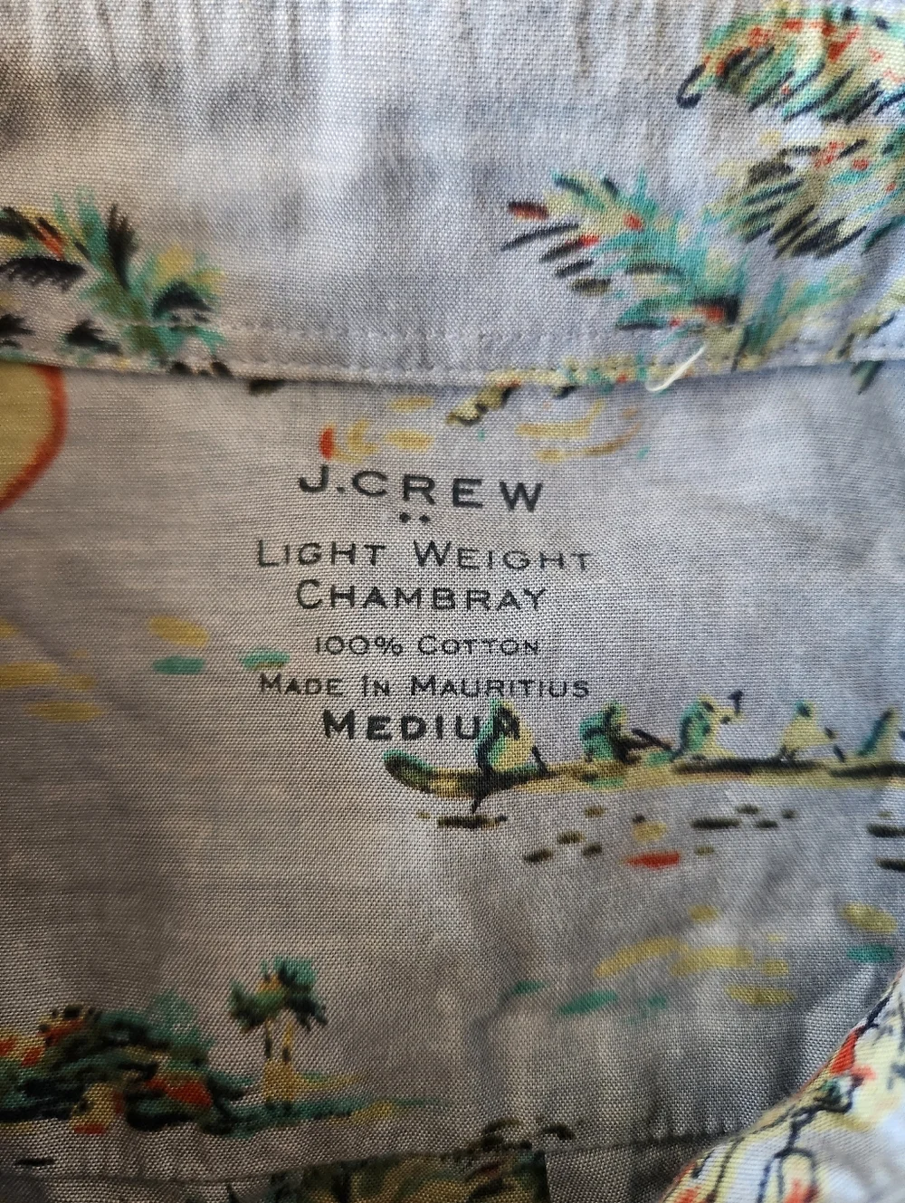 J. Crew Lightweight Light Blue Chambray Shirt with Multicolor Tropical Print M